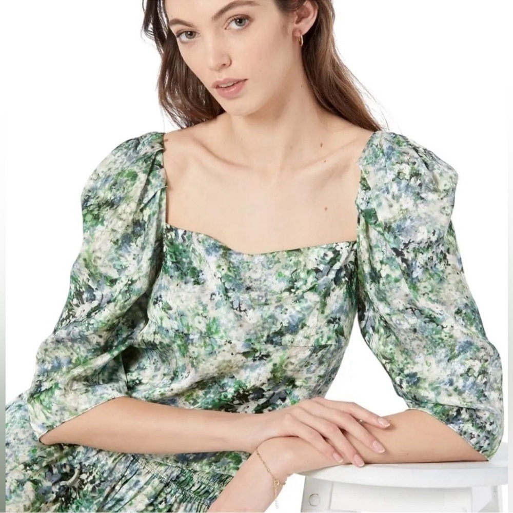 Vince Green Painted Floral Satin Draped Puff Sleeve Square Neck Top in Herb Sz 4